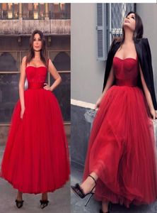 2020 New Red Spaghetti Strap Ball Gown Ankel Length Evening Dresses Sexy Sweetheart Muslim Saudi Arabic Tulle Women039s Party G4610302