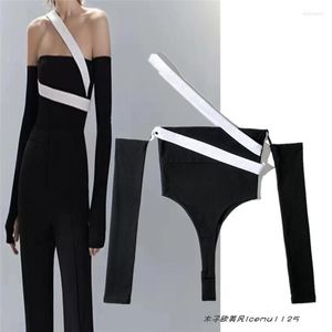 Women's T Shirts Special-Interest Design Stylish Contrast Color Belt Tube Top Jumpsuit Black And White Matching Lace Up Off-Shoulder