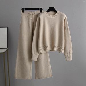 Women's Two Piece Pants Women Autumn And Winter Fashion Temperament Loose Casual Wide Leg Round Neck Top Knitted Sweater Suit