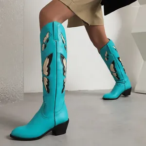 Boots Brand 2024 Autumn Winter Women's Western Knee High Chunky Heels Butterfly Cowgirl Cowboy Long Shoes For Woman