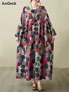 Oversize Cotton Long Sleeve Print Vintage Dresses For Women Autumn Casual Loose Dress Femme Robe Vestidos Elegant Clothing 240403
