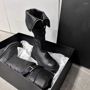 Stövlar sexiga främre zip knä högt för kvinnor 2024 mode långa skor svart pu läder