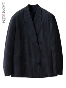 Kadın Suit Lanmrem Office Lady Striped Blazer Çentik Çift Çift Kesin Kruvaze Gevşek Ceket Moda 2024 Kadın Giyim 32c831