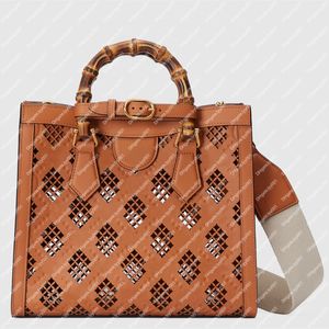 Explosion hot Women's SMALL TOTE BAG 702721 bags perforated leather hollow bamboo handles shopping bag tote Retro vintage totes Shiny antique gold handbag DIANA