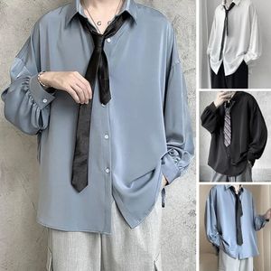 黒い長距離シャツの男性韓国のラペルシングルブレストシャツ春の秋ルーズフィット固体色240418