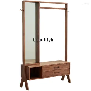 Hängare Nordic Black Walnut Solid Wood Shoe Changing Stool Clothes Rack Integrerad kappa med spegellådan Golvhängare