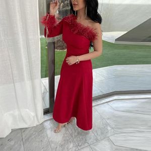 Party Dresses Xijun Luxury Red Feathers Mermaid Evening One Shoulder Long Sleeves Saudi Arabic Dubai Women Formal Prom Gowns