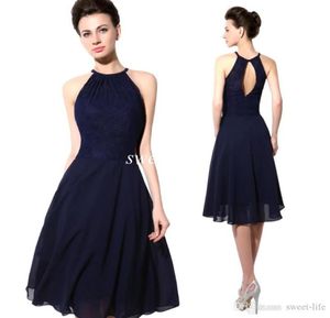 2020 Short Party Dresses Navy Blue Lace Open Back A Line Chiffon Knee Length Cocktail Prom Dress Sexy Bridesmaid Dress5334170