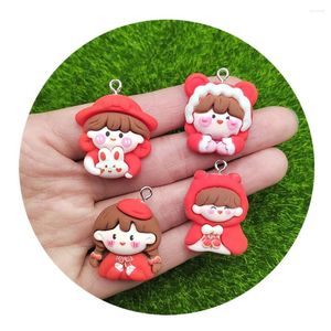 Flores decorativas vermelhas de chapas vermelhas Kawaii Mini Girls Head Artificial Cartoon estilo