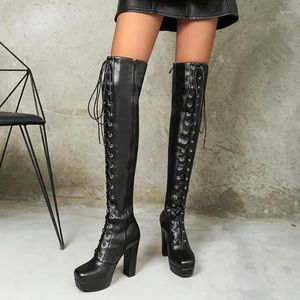 Casual Shoes Autumn Winter High Boots Ladies Riding Women Party Woman Low Square Heels Lace Up Knee