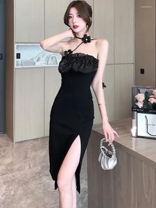 Casual Dresses Summer Black Elegant Ruffled Chic Floral Sling Sexig klänning Kvinnor Korean Vintage Hepburn Evening 2024 Fashion Luxury