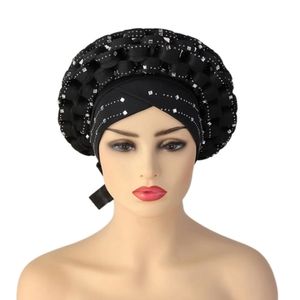 Inlaid with Diamonds African Pattern Pre-Tied Bonnet Turban Knot Cap Headwrap Hat Auto Gele Robe Africaine Aso Oke Ready To Wear 240416