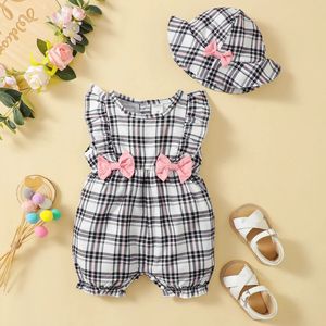 018Months born Baby Girl Clothes Cute Plaid Design Summer Romper Hat 2Pcs Suit Fashion Holiday Clothing For Toddler 240408