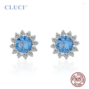 Stud Earrings CLUCI Silver 925 Big Blue Zircon Sunflower For Women Wedding Engagement Sterling Jewelry DE018SB