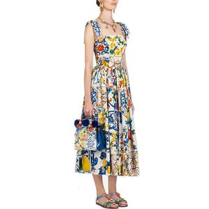Vestido de flor de pista sexy vestido de verão feminino spaghetti tira de verão azul e branco porcelana Floral Long Dress 240410
