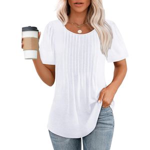 Womens T Shirts Short Sleeve Pleated Dressy Casual Scooped Neck Summer Tops Blouses