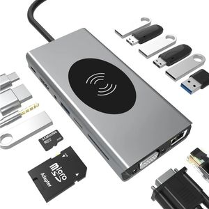 Quinze em uma estação de aconcagem tipo C USB-C para HDMI Porta de rede VGA Hub Telefone celular carregamento sem fio