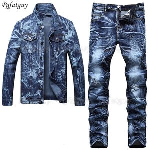カジュアルルーズメンズ2PCSジーンズセット不規則なネクタイダイ長袖デニムジャケットと穴リッピングパンツサイズM-5XLオスの衣服240412