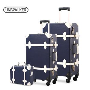 Sets 3PCS/SET Vintage PU Travel Luggage,12"makeup bag & 20" 26" Retro Trolley Suitcase Bags With Spinner Wheel With Combination Lock