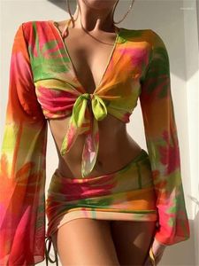 Women's Swimwear Women Orange Tie Dyed Bikinis Sets Long Sleeve Up Cover Skirt 4 Piece Swimsuit Beach Bathing Suit Thong 2024