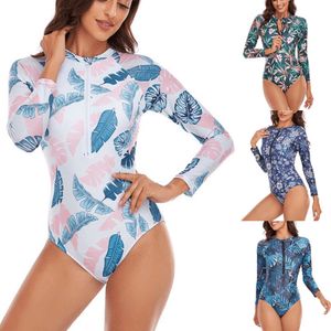 새로운 원피스 수영복, 서핑 슈트, 긴 슬리브 지퍼가있는 인쇄 수영복, 여자 수영복