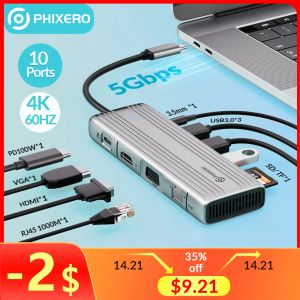 Hubs Phixero USB C HUB TO HDMICAMATIBLE VGA USB 3.0 Адаптер 10 в 1 USB Type C Dock Hub для Book Pro Air PD RJ45 SD Reader Reader