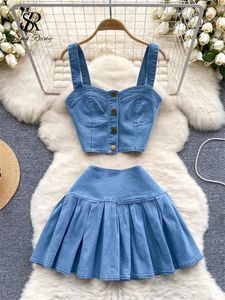 Singleiny Female Chic Retro Suits Cint Cint Elasticità Short Cance Mini gonna Mini Skirt Fashion Dolce Denim Due pezzi set 240412