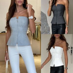 Designer Luxury Chaopai Classic Fashionable Versatile Casual Comfortable 2024 Spring Summer New One Line Neck Slim Fit Top INS Fashion Multi Color Zipper Bra