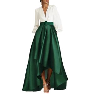 Elegant Long Sleeve V-Neck Satin Mother of the Bride Dresses A-Line Green Asymmetrical Length Godmother Dresses Formal Party Gown Women Dresses