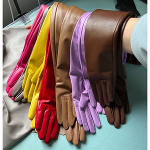 Women Real Leather Long Gloves Full Fingers Winter Warm Elbow Gloves Outdoors Long Sheepskin Mittens Wine Party genuine leather female styleArm sleeve lady fashion