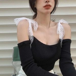 Women's Tanks Camis Womens Tops Off Shoulder Lace Slim Fashion Sexy Navel Exposed Long Slve T Shirt Y240420