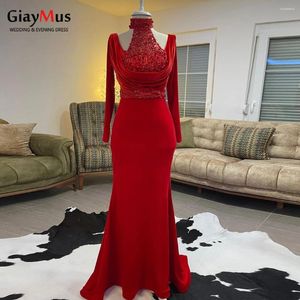 Party Dresses Giaymus Red Mermaid Evening Embroidery Pearl Beaded Long Sleeve Velvet Formal Prom Dress Modest Clown Plus Size