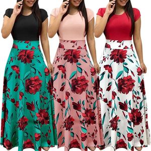 S-5XL 7Colors Floral Stripe Print Splicing Splicing Dress Long Long Dress Vintage High Women Women Summer Beach Party Diário Salia 240409