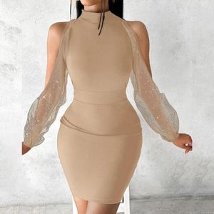 Casual Dresses Fall Winter Women Dress Elegant Mante Party med Off Shoule Seight-Through Mesh Slim Fit midje Puffhylsa för kvinnor