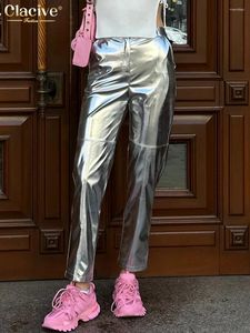 Женские брюки Clacive Fashion Slim Silver PU кожа 2024 Элегантная высокая талия прямая уличная одежда.
