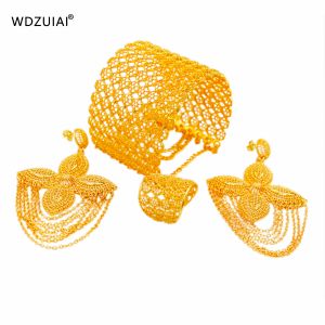 Strands WDZUIAI New Arrival 24K Gold Color Tassels Cuff Bracelet/Earrings/Ring Wedding Jewelry Set African Spain Arab Women Girl Jewelry