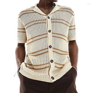 Men's Casual Shirts Vintage Hollow Out Breathable Beach Shirt Mens Knitwear Summer Striped Knit Short Sleeve Men Leisure Cardigan Tops