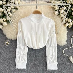Women's Blouses Retro Long Sleeve Half High Collar Lace Hollow Out Blouse Slim Sexy Shirt Women Gothic Streetwear Pleated Fashion Top