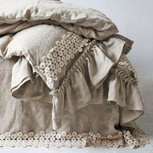Sängkläder set naturligt linne set premium sten tvättade franska lakan romantisk spets täcke täcker king size kudde