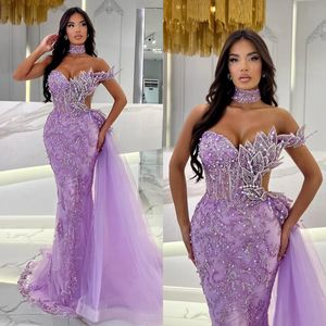 mermaid Stunning purple Evening Dresses elegant leaf beading shoulder Prom Dress Beads side train Custom Made Formal dresses for women