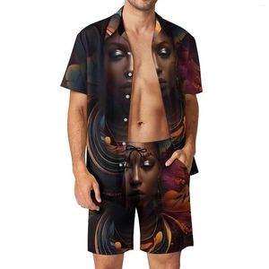Erkeklerin Trailsits bayanlar baskısı erkekler setler Afrikalı kadın yüz sanat gündelik şort yaz Hawaii plaj kıyafeti gömlek seti kısa kollu grafik büyük boyutlu