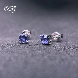 Earrings CSJ Slim Natural Iolite Stud Earrings 925 Sterling Silver Gemstone 4mm Fine Jewelry for Women Lady Engagment Party