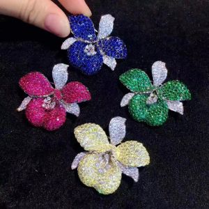 Jewelry 925 sterling silver with cubic zircon flower brooch pin orchid blue green yellow rose red color high quality 41*45MM fashion