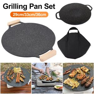 Tillbehör Bakningsfack Non -Stick BBQ GRILL PAN INDUKTURCOKER RUND ANTI SCALD PAN HANTERA PAN STRAMNINGSBAG FÖR CAMPANDE Hushållsverktyg