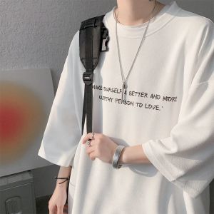 Shirts Hybskr Men Summer Vintage T Shirts Letter Graphic Haruku Casual Tshirt for Male 2023 New Oversize Man Tees Three Quarter Tops