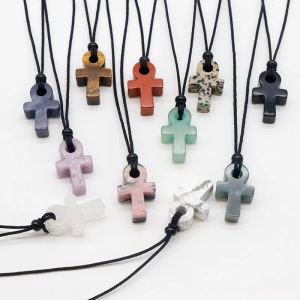 Natural Stone Ankh Amulet Life Cross Pendant Women 7 Chakra Quartz Crystal Neckor for Women Men