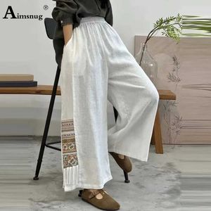 Women's Pants Capris Pure cotton linen wide leg pants large 5XL womens casual full length pants womens retro embroidered elastic waist pants Y240422