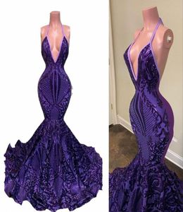 2022 Purple Sparkly Sequined Lace Long aftonklänningar bär sexig backless grimma afrikanska flickor sjöjungfru paljetter Kvinnor Formell prom P3692246