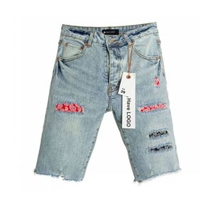 Lila jeans shorts män mager jeans denim shorts blå rippade hål motorcykel cyklist lapp skarv mode hip hop berömda tryck denim byxor