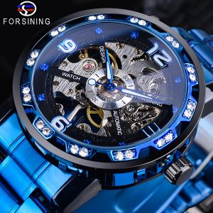 Klockor ForSining Blue Diamond Transparent Skeleton Men Mechanical Watch Rostfritt stål Lysande Händer Armig Wristwatch Casual Business Clock